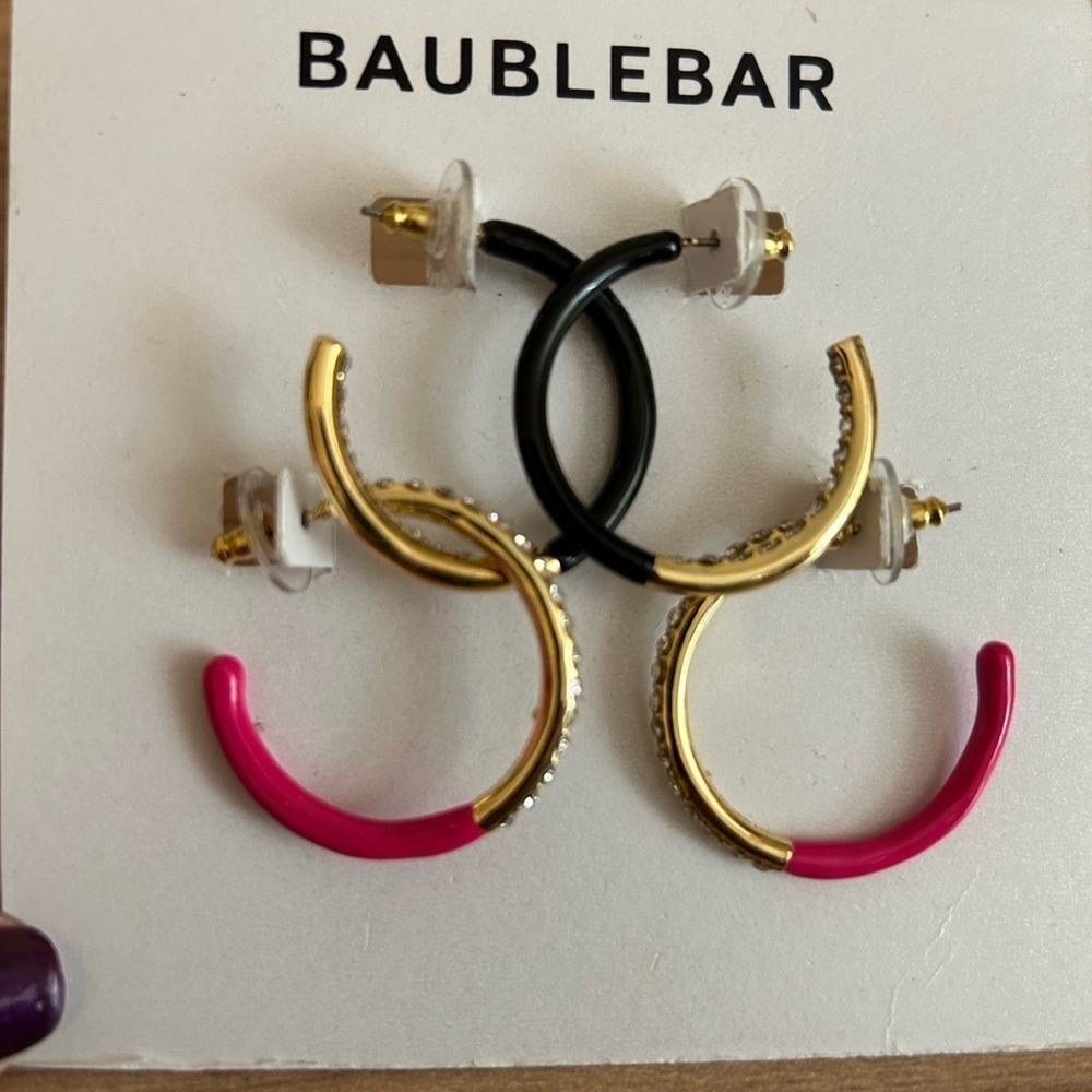 Baublebar Pink & Black Enamel Hoops Earrings With Rhinestones NWT